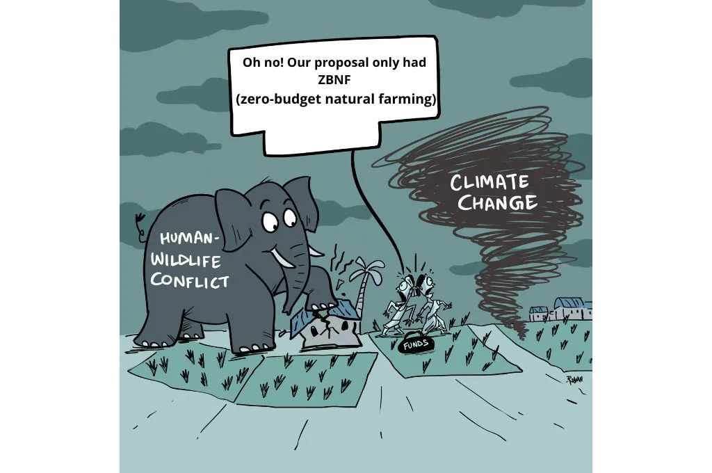 a cartoon where an elephant as a symbol for human-wildlife conflict is crushing a hut, a tornado is approaching, but the people have only been given funds for natural farming-nonprofit humour