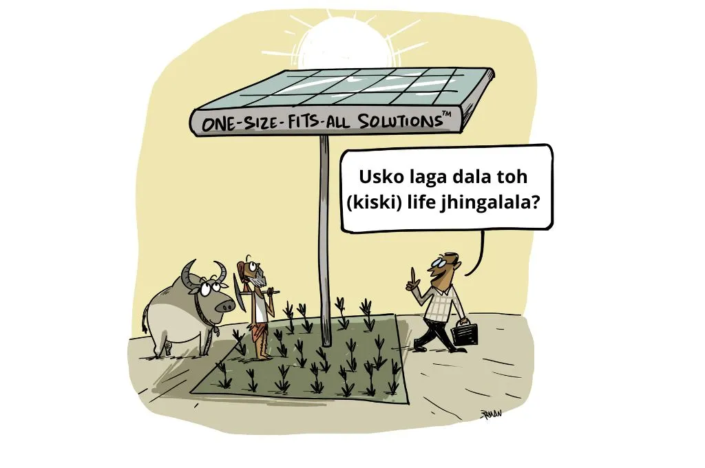 a cartoon about one-size-fits-all solutions, where a solar panel has been installed above a small farmer's crops, hiding the sun-nonprofit humour