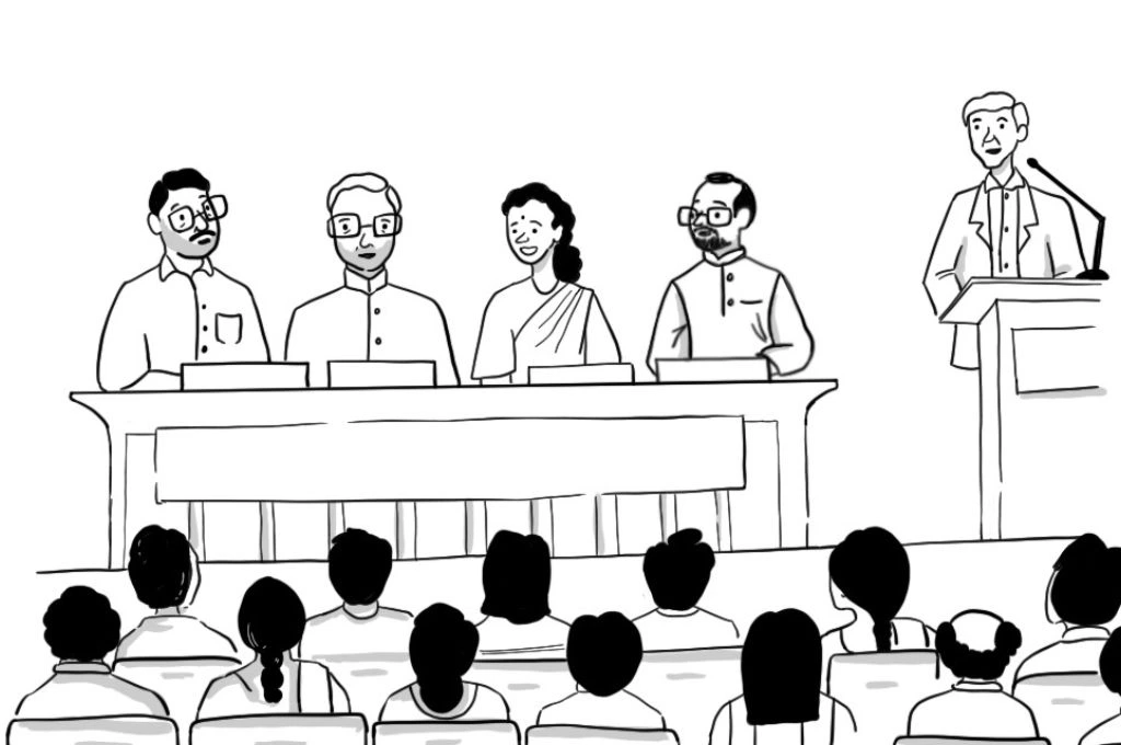 A cartoon of panelists on stage_nonprofit humour