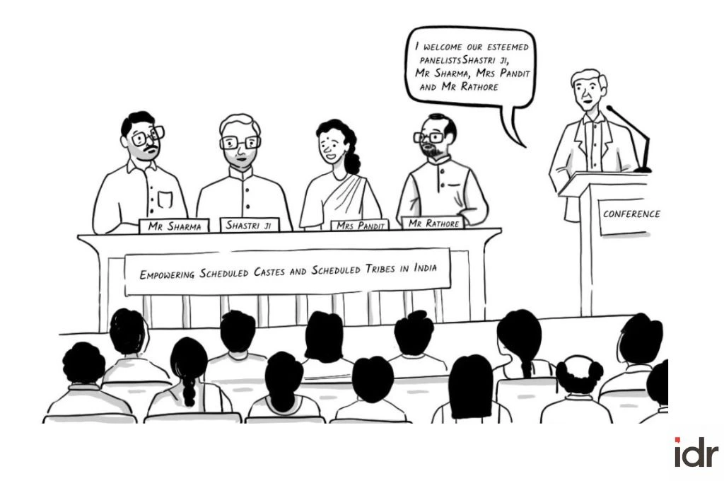 A cartoon of upper caste panelists talking about empowering scheduled castes_nonprofit humour