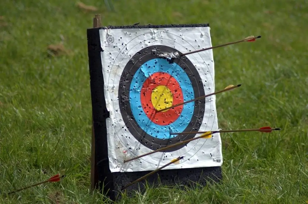 an archery target with arrows at a medieval fair in England--climate communication