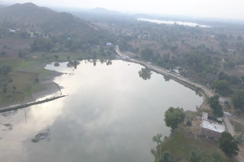 An aerial image of the Mudara tank filled with water five months after the launch of the pilot project- Water management