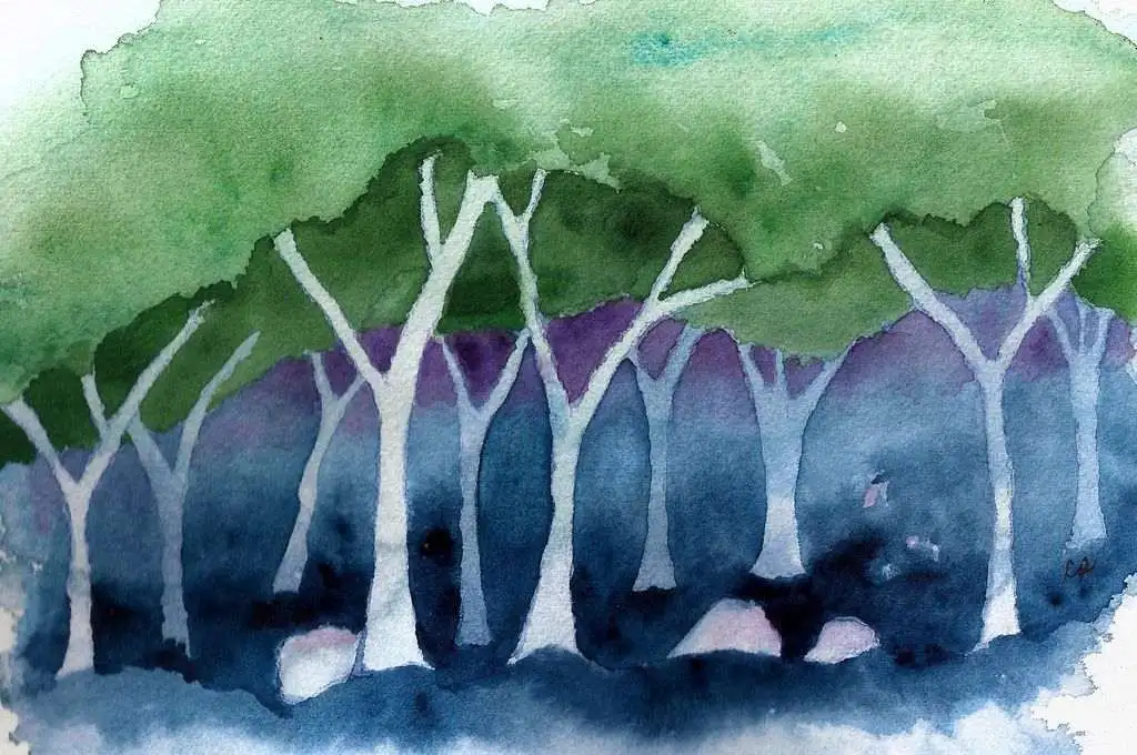 A watercolour painting of trees in a forest using green, blue, and purple colours - Social change