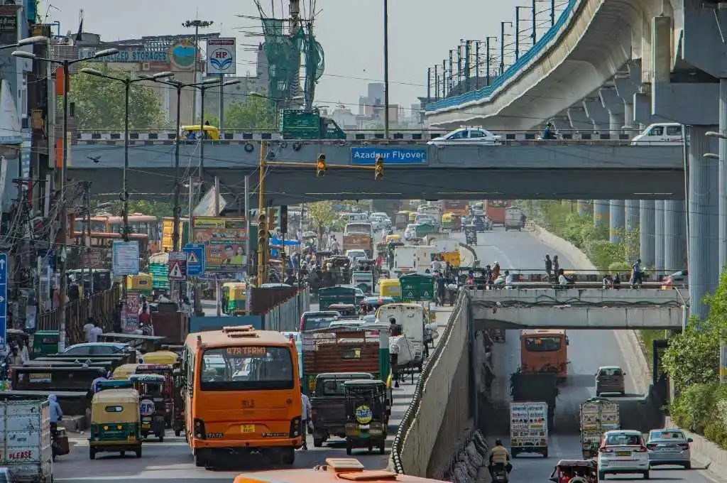 Bustling Delhi Road with Azadpur Flyover--Delhi