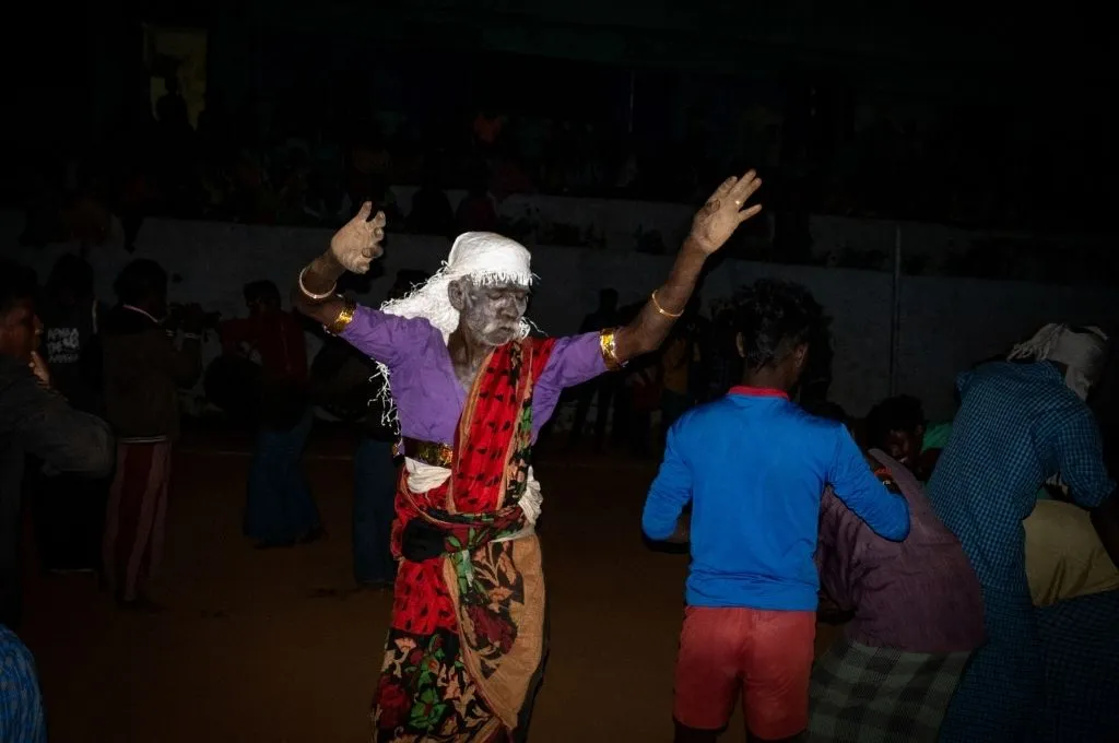 a doddu aatam performer dancing after the play--irula tribe