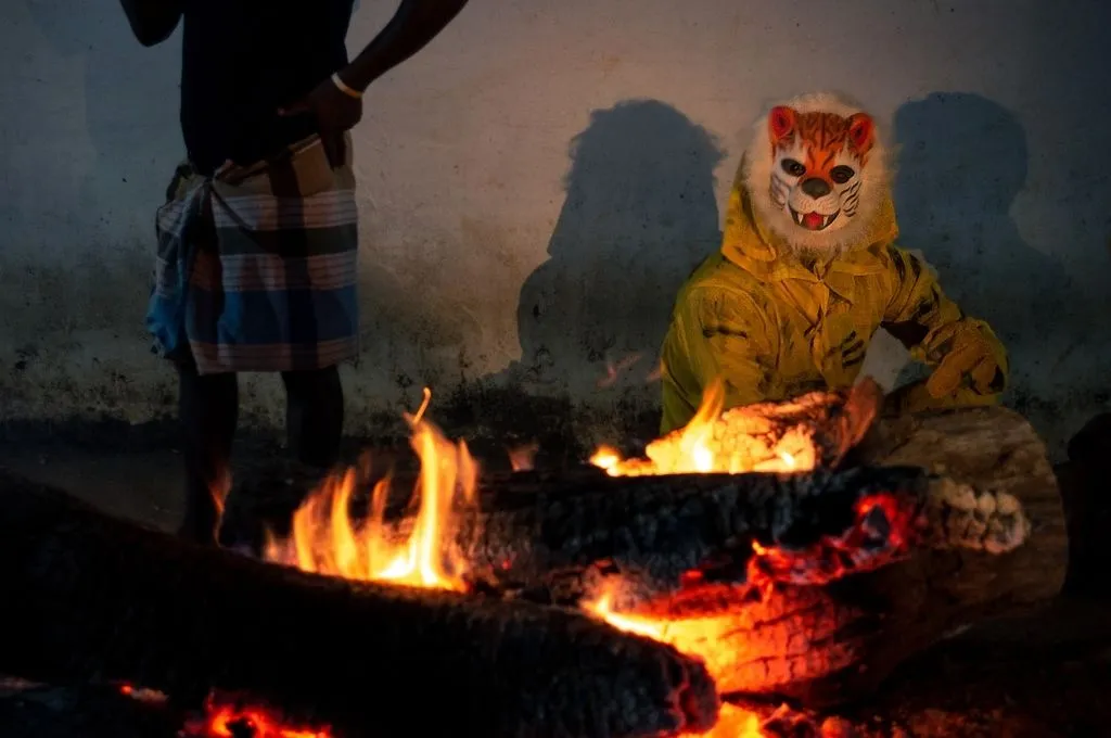 a person wearing a tiger costume sitting by a bonfire--irula tribe