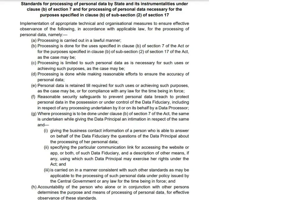 A chart conveying the standards for processing of personal data by State and its instrumentalities under class (b) of section 7 and for processing of personal data necessary for the purposes specified in clause (b) of sub-section of section 17.