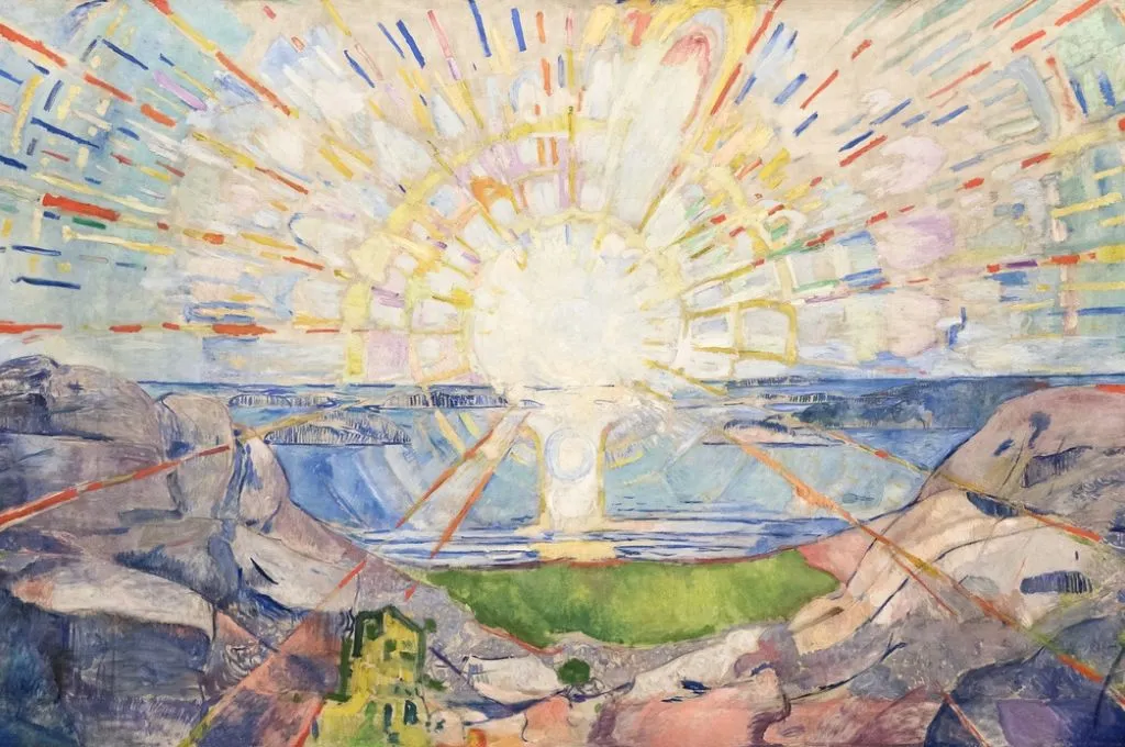 Edvard Munch's Solenintro, a painting that depicts a sun rising from over the horizon, with vibrant colours being emitted from it-post-traumatic growth