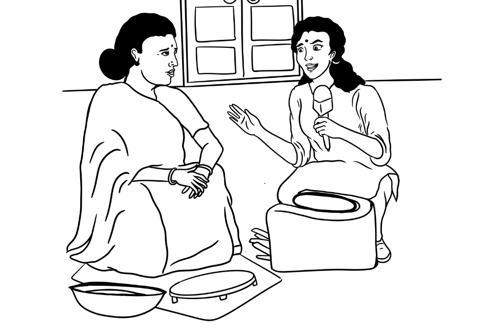 An illustration depicting a journalist interrupting a woman's perspective_nonprofit humour