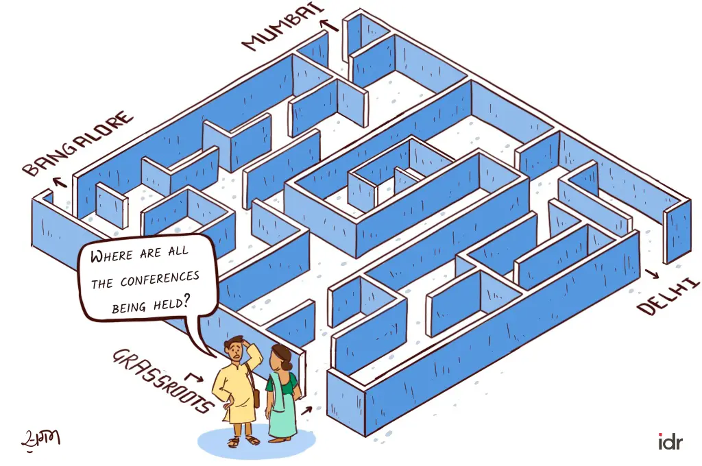 A maze showing multiple locations as exits such as Bangalalore, Mumbai, and Delhi. A couple stands at the start labelled grassroots and asks. "Where are all the conferences being held?"_nonprofit humour