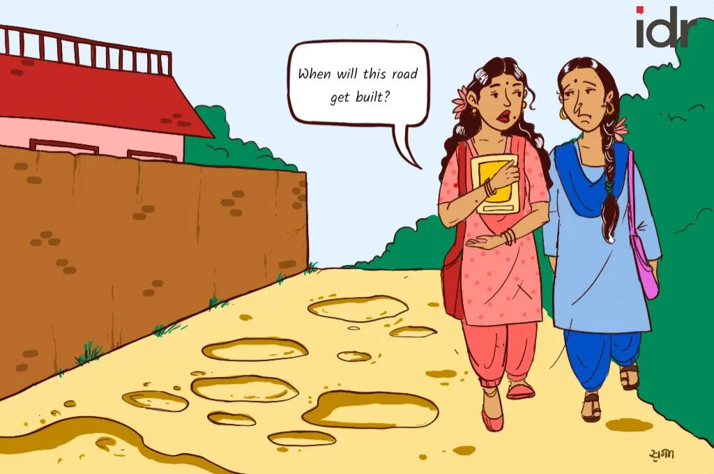 Two young women walk to school on a road full of potholes. One of them questions when the road will finally be built_nonprofit humour