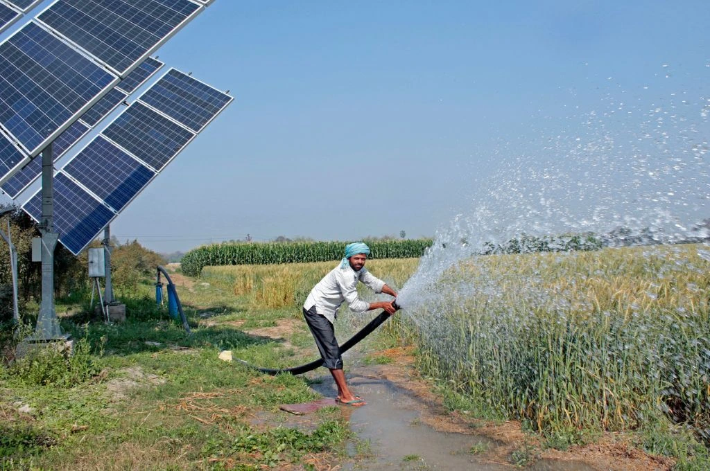 A field with solar panel where a farmer is using a pipe to water the field_Renewable energy