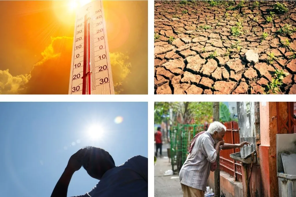 A collage of four images depicting heat in different ways. The top left image is a giant thermometre against the backdrop of a bright sun; the top right image is of a barren, cracked piece of land; the bottom left image is a man wiping sweat from his forehead with the sun. beating down; and the bottom right image is of an old man drinking water from a public water cooler station.-heat communication