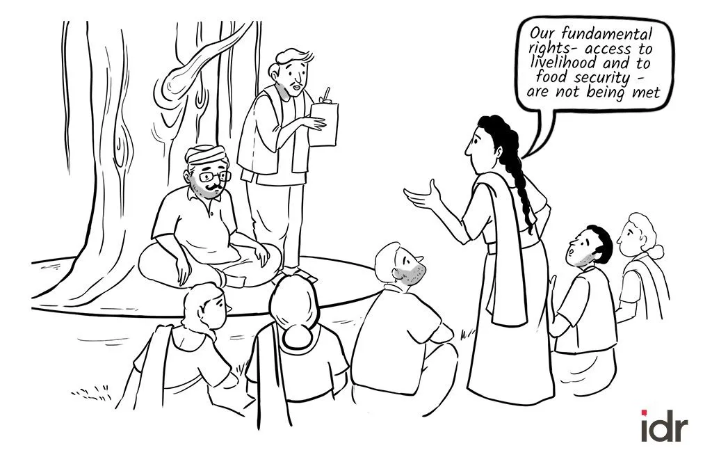 A cartoon of a woman in a village talking about the lack of livlihood opportunities_nonprofit humour