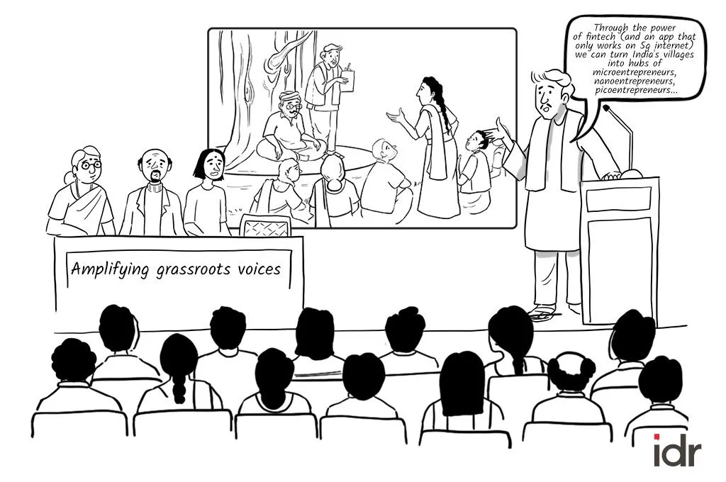 A cartoon of a man on a stage giving a presentation on amplifying grassroot voices_nonprofit humour