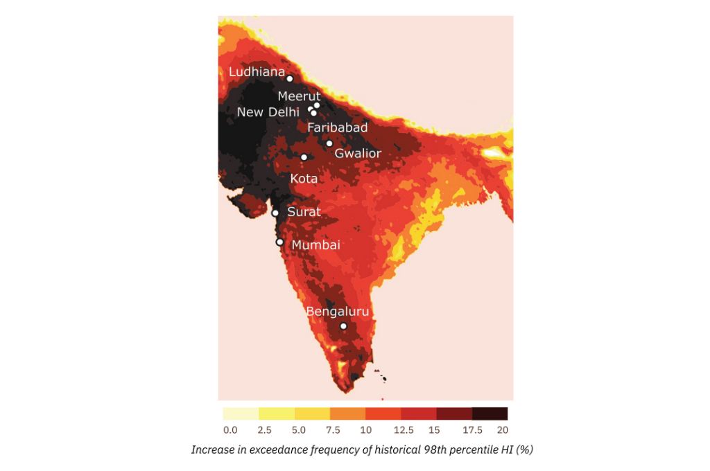 This map depicts the percentage increase in extreme Heat Index (HI) days (98th percentile) above the historical threshold (2013-2022) for each place in space at 1.5°C. The map captures increases over a +1.2°C baseline.-heat communication