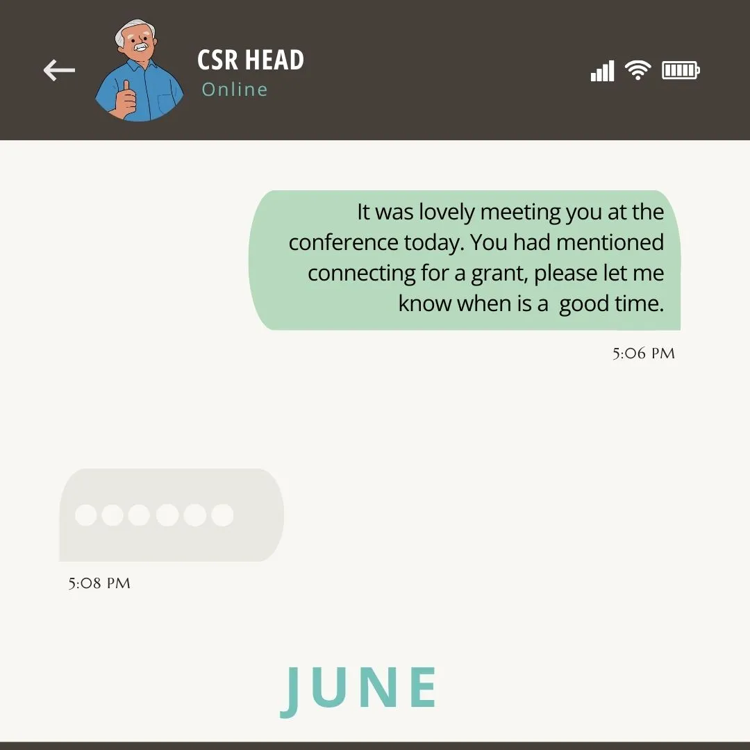 a cartoon of a conversation between a nonprofit leader and a CSR head regarding grant funding -- nonprofit humour