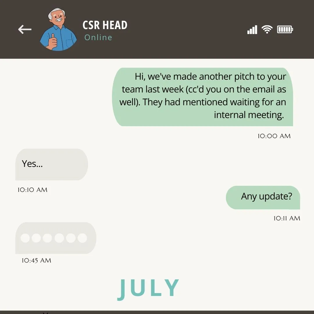 a cartoon of a message exchange between a nonprofit leader and a CSR head with the former asking the latter for updates on a pitch--nonprofit humour