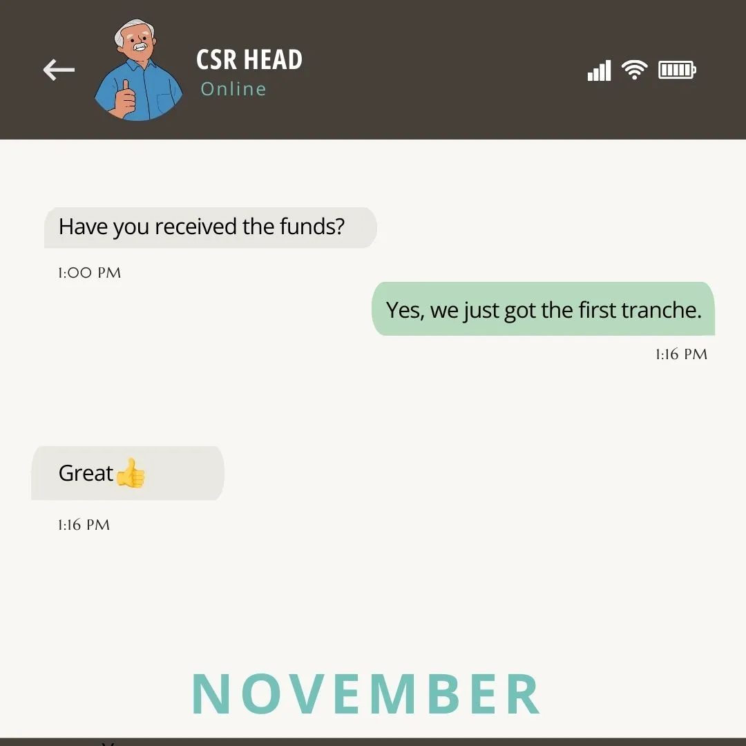 a cartoon of a conversation between a CSR head and a nonprofit leader, where the CSR head asks in November if the nonprofit has received its first tranche, and the nonprofit replying that it has--nonprofit humour