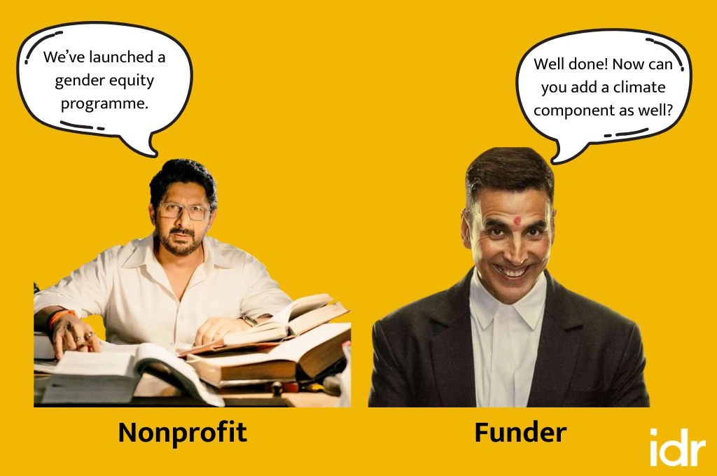A conversation between a funder and a nonprofit where the funder is asking to add a climate component_nonprofit humor
