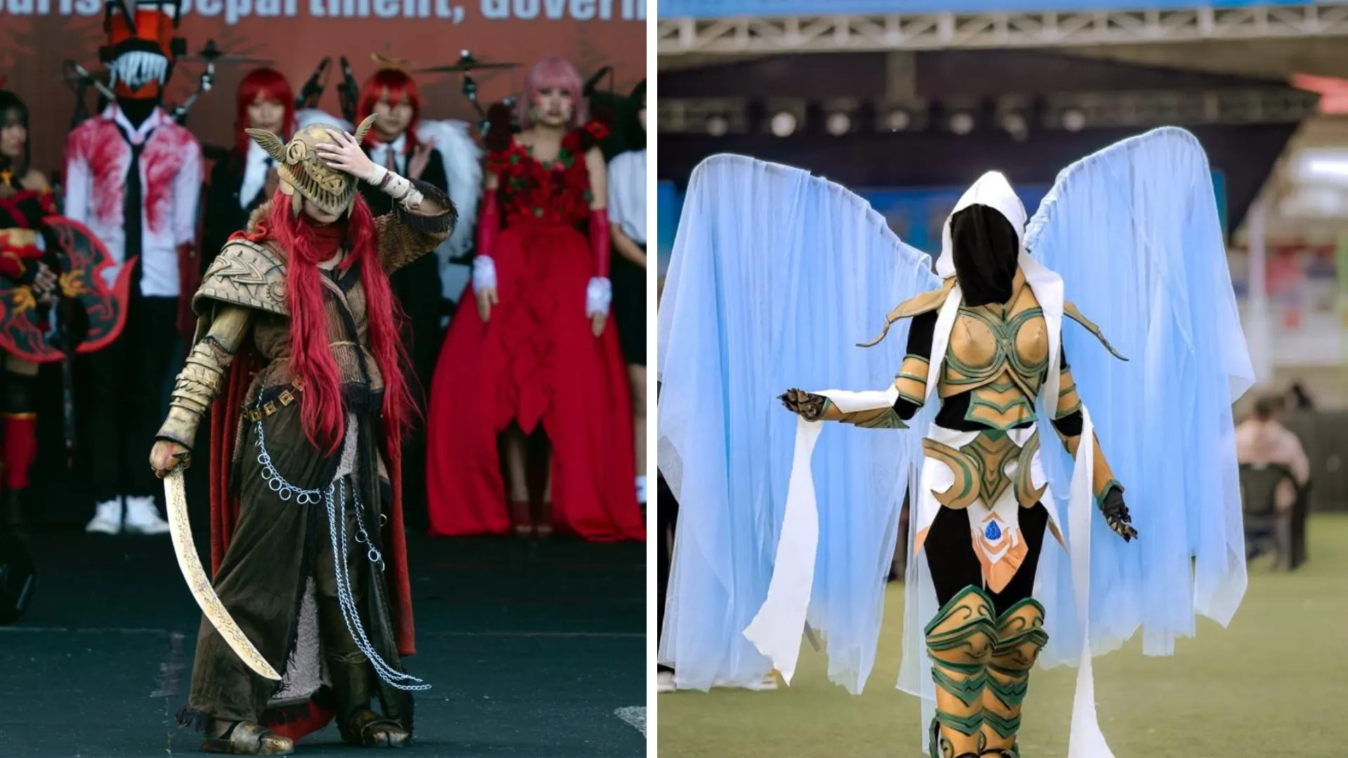 Hmingthansangi, a cosplayer from Mizoram, in two different costumes: as Malenia from Elden Ring and Auriel from Diablo 3--cosplay in Mizoram