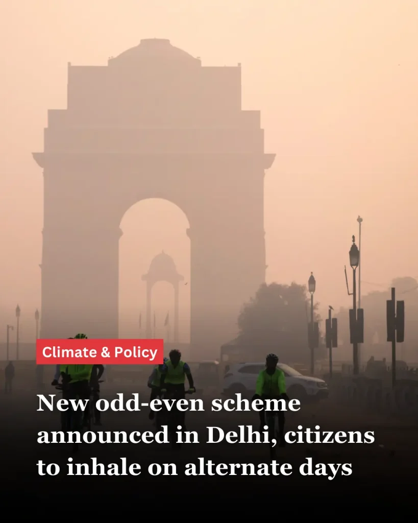 an image of india gate, delhi, shrouded in smog, with text in the foreground that reads, "New odd-even scheme announced in Delhi, citizens to inhale on alternate days"--nonprofit humour