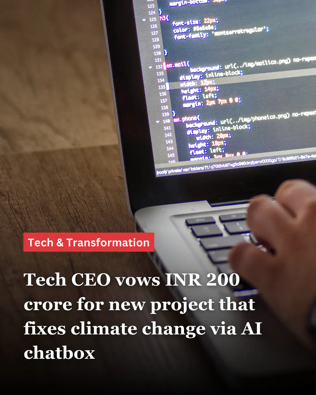 a laptop screen with code running on it, in the foreground the text says, "Tech CEO vows INR 200 crore for new project that fixes climate change via AI chatbox"--nonprofit humour