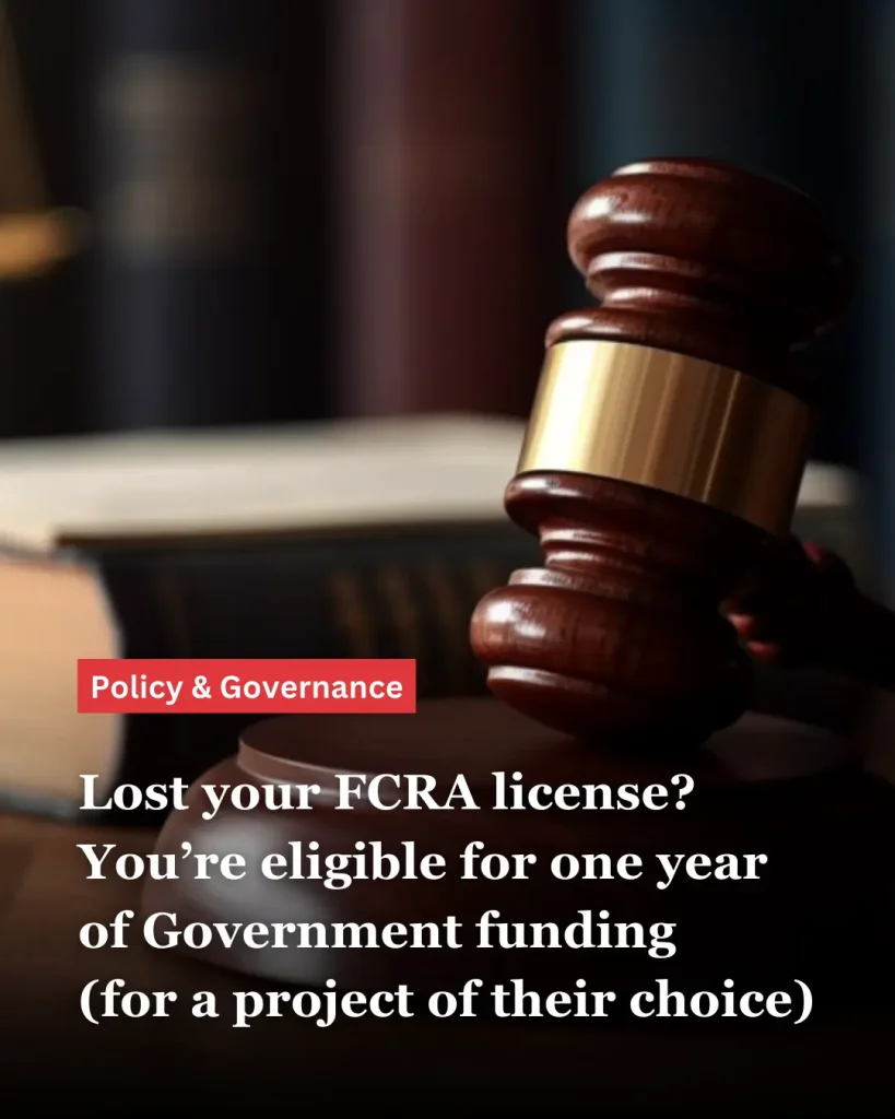 a judge's gavel in the background; text in the foreground reads, "Lost your FCRA license? You&rsquo;re eligible for one year of Government funding (for a project of their choice)"--nonprofit humour