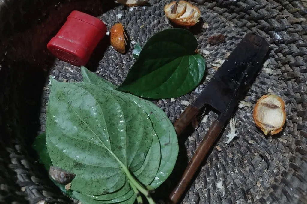Betel leaf, betel nut, and nut cutter in a traditional cane-fibre woven bowl.--bamboo-based livelihoods