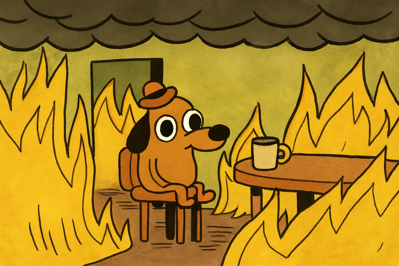 a cartoon of a dog sitting at a table with a mug of tea or coffee while the room around it is engulfed in flames--nonprofit humour