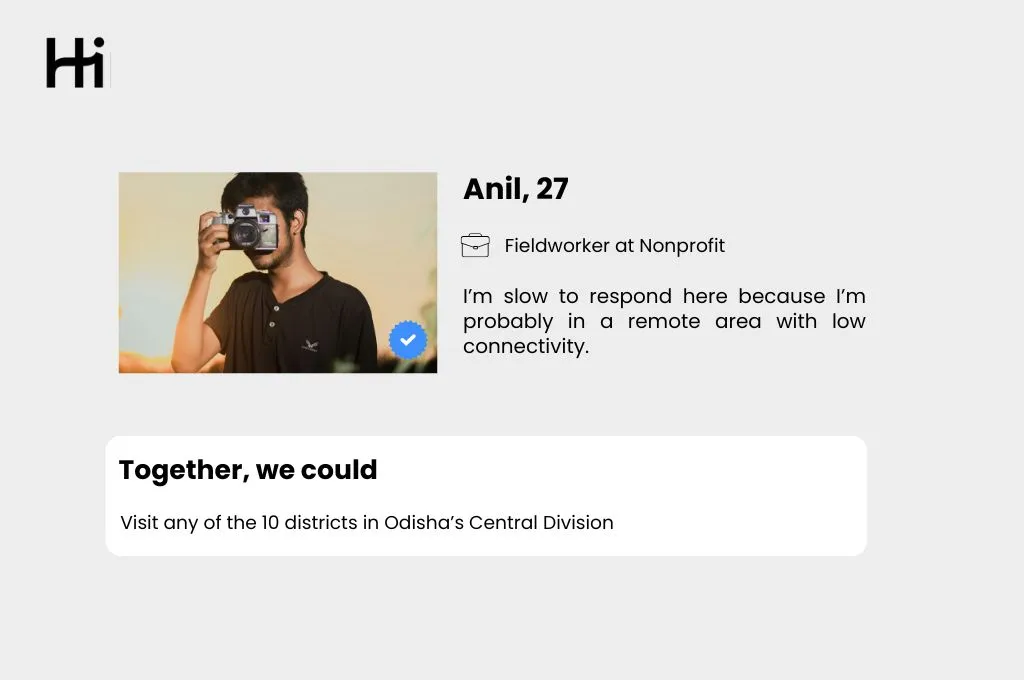 Hinge profile of a fictitious 27-year-old man named Anil, who works as a fieldworker with a nonprofit--nonprofit humour