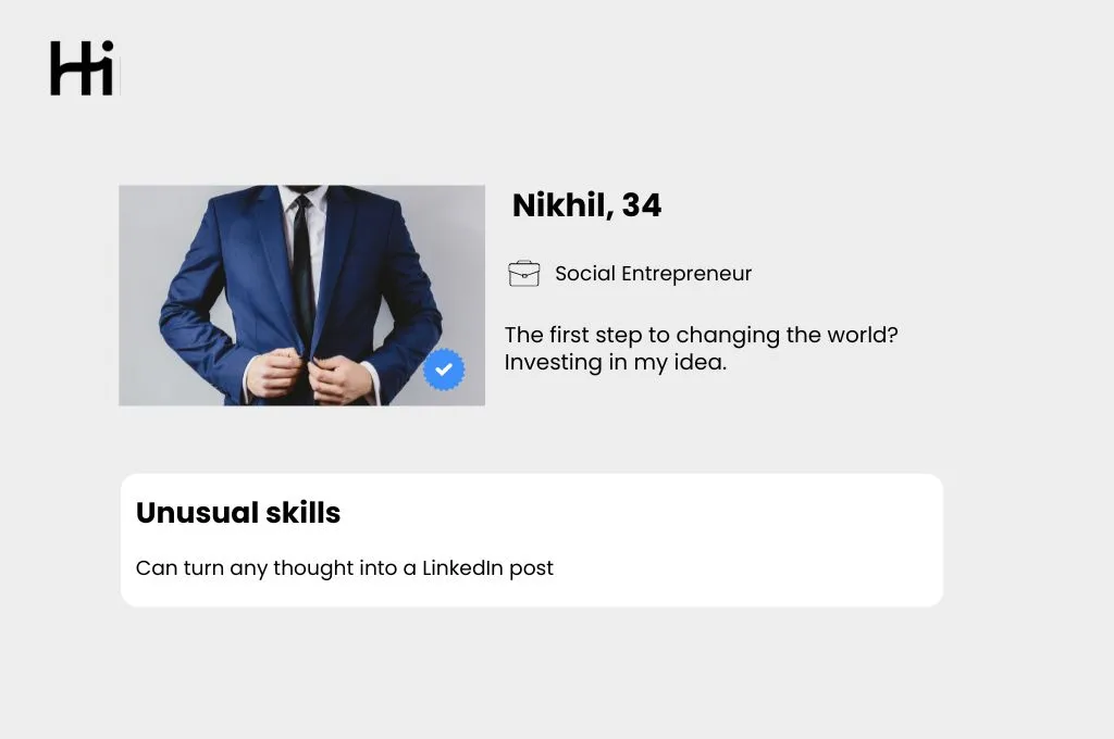 Hinge profile of a fictitious person, a 34-year-old named Nikhil, who is a social entrepreneur--nonprofit humour
