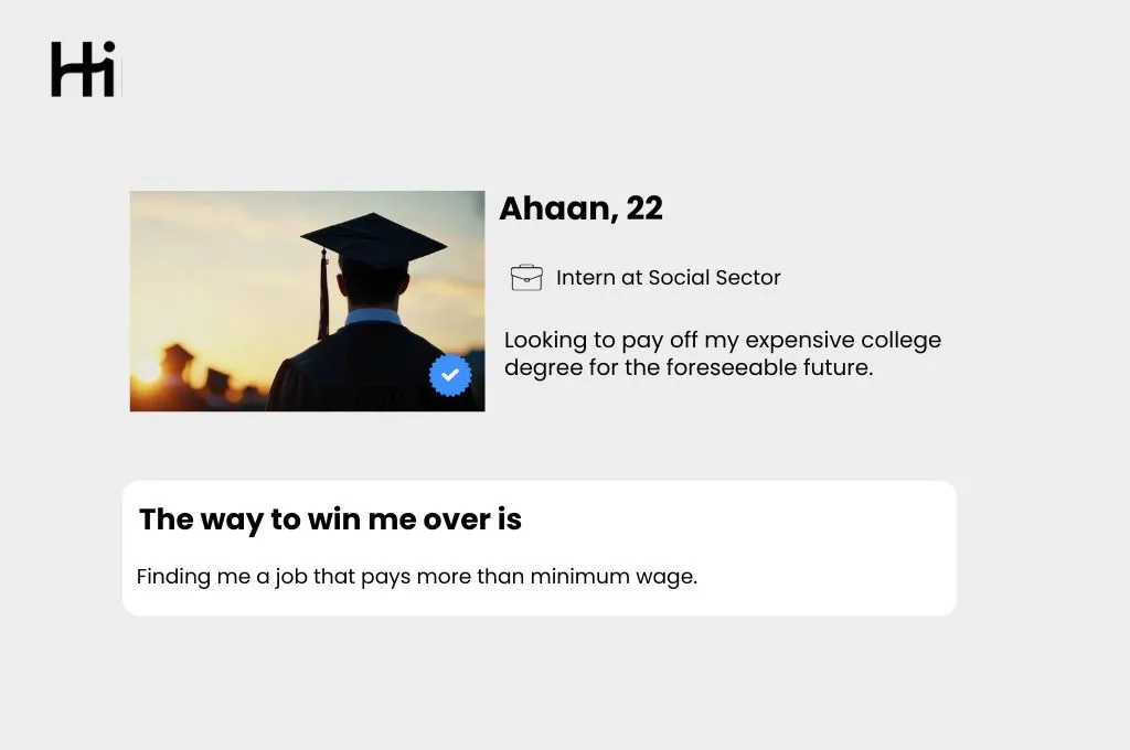 Hinge profile of a fictitious person, a 22-year-old named Ahaan who is an intern in the social sector--nonprofit humour