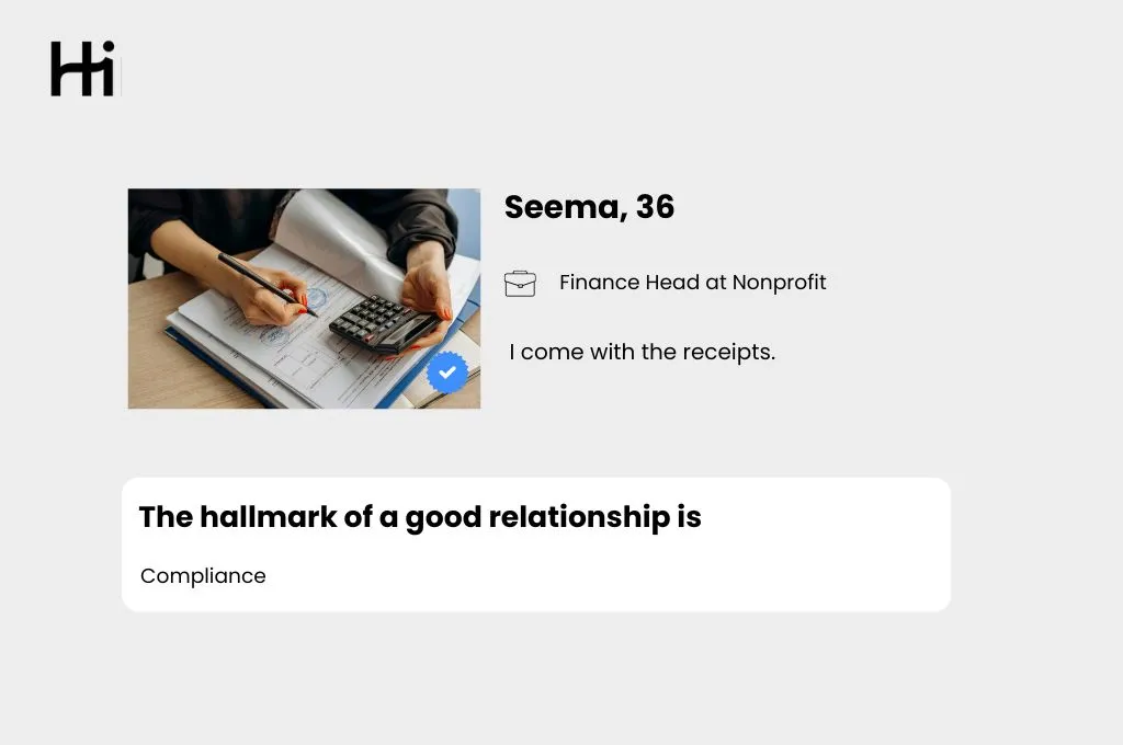 Hinge profile of a fictitious person, a 36-year-old called Seema who works as the finance head of a nonprofit--nonprofit humour