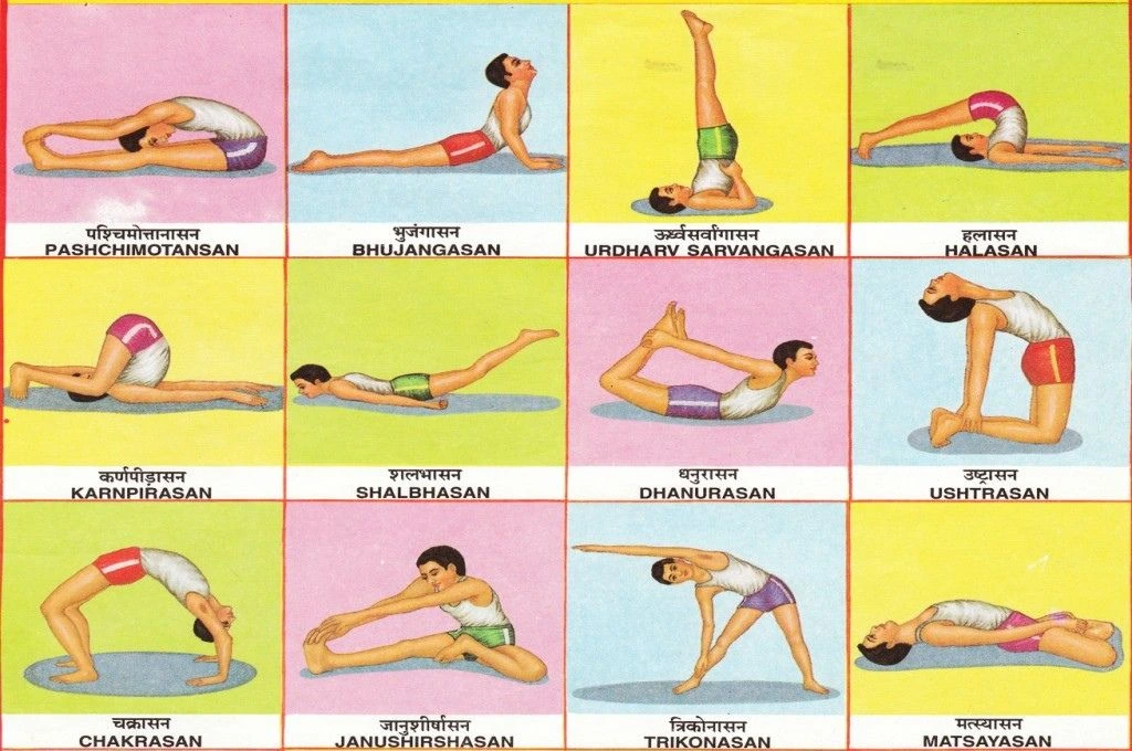 a chart showing twelve popular yoga poses--nonprofit humour