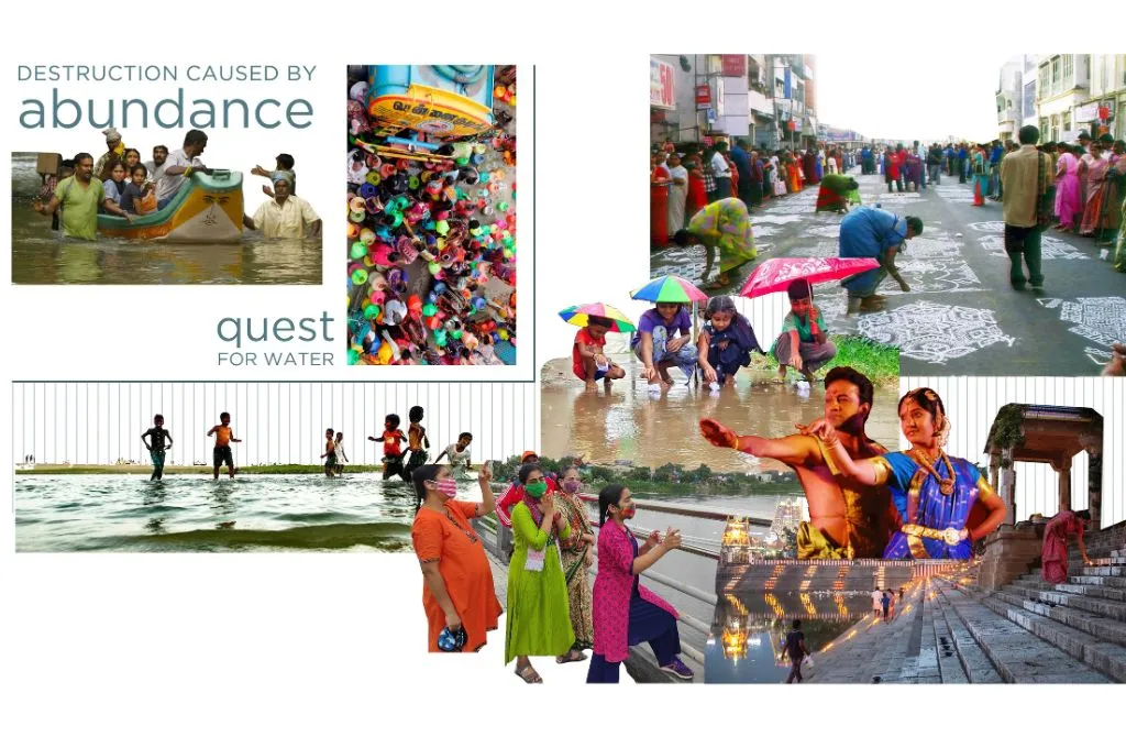 a collage of images of folk dances, community gatherings, children playing in a flooded street, rescue efforts after a flood, etc. The phrases "caused by abundance" and "quest for water" appear on the top left corner of the image--