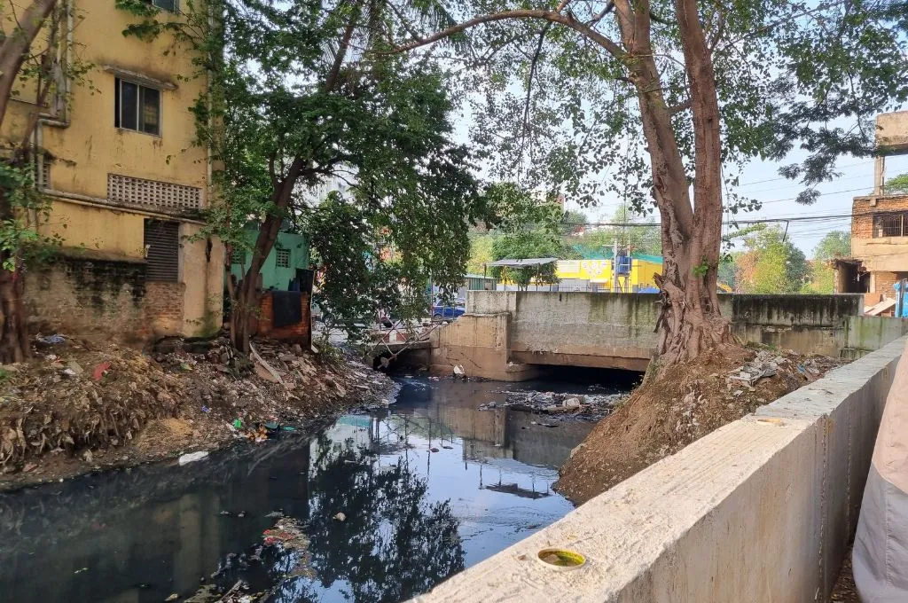 Mambalam Canal with garbage and polluted water and a yellow building to its left--