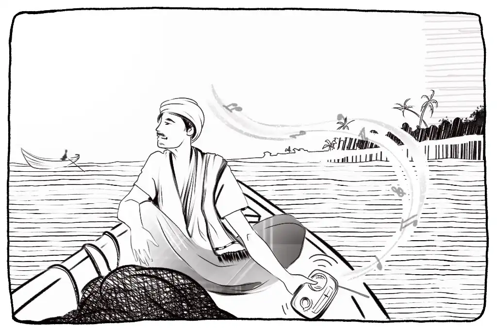 a black-and-white illustration of a man wearing a turban on a boat--nonprofit humour