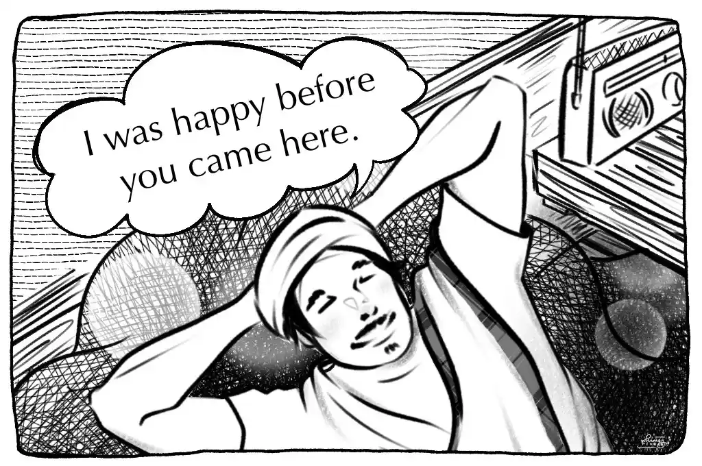 A comic of a man lying in a boat. His thought bubble reads, "I was happy before you came here."--nonprofit humour