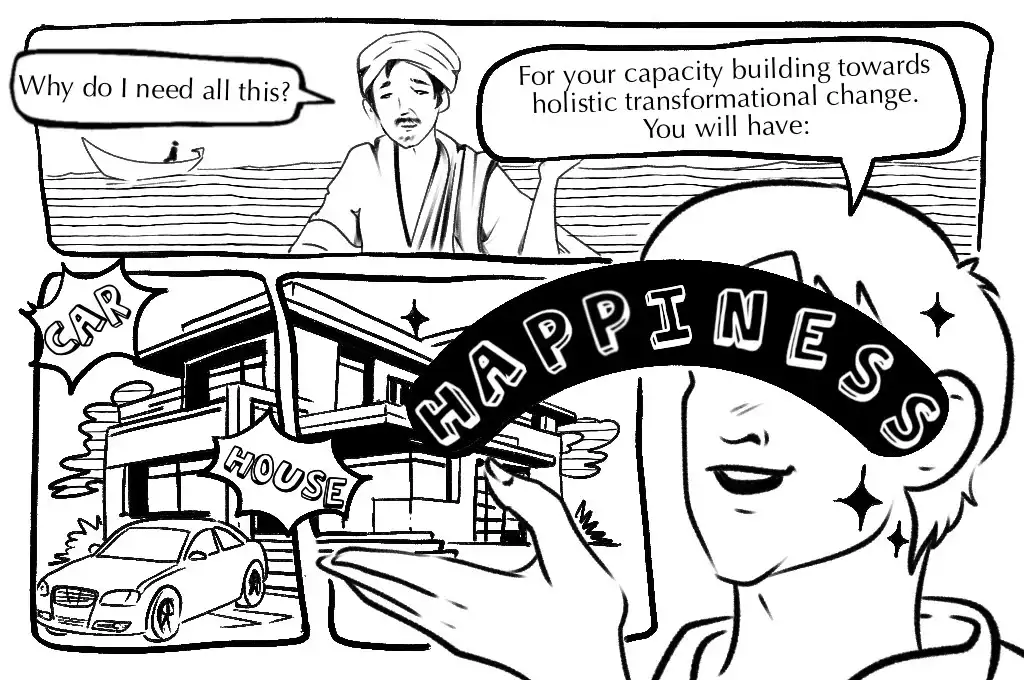 a comic, where one of the characters is a man on a boat, and the other character is a man telling him why he needs to become an entrepreneur--nonprofit humour