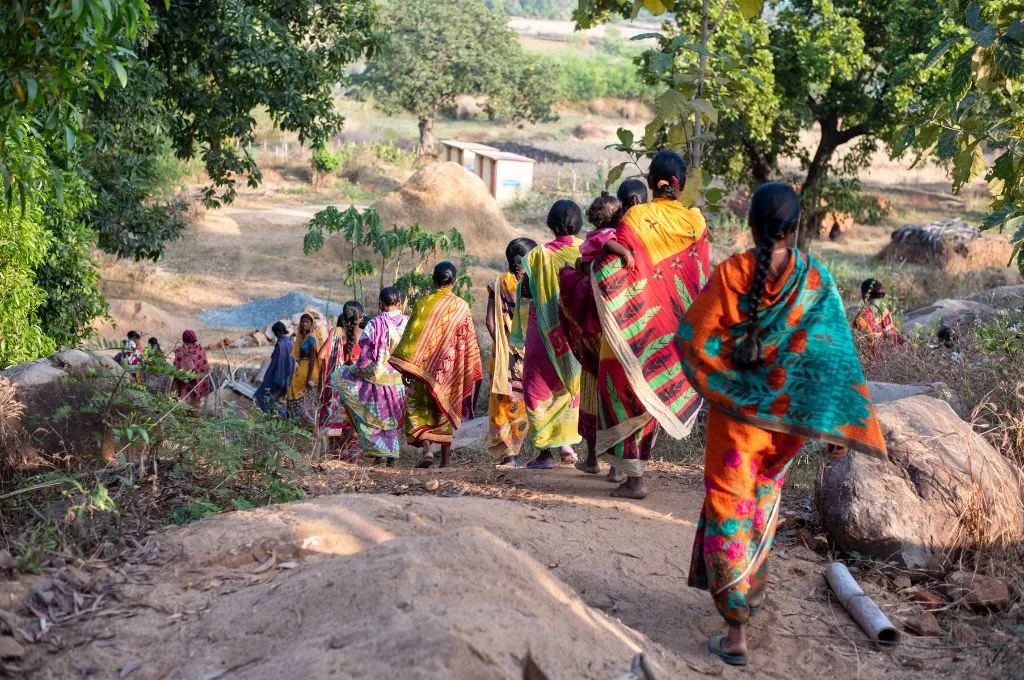women wearing colourful sarees walking in single file--rights and development