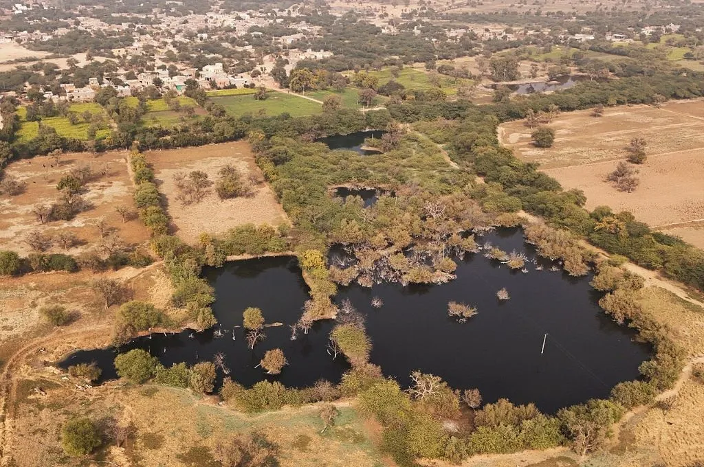 The image is an aerial shot of a rural area. There is a body of water surrounded by land, with bushes and trees growing on it. There are parcels of land that are barren while others are covered in grass. Buildings can be seen in the distance in the background._data governance