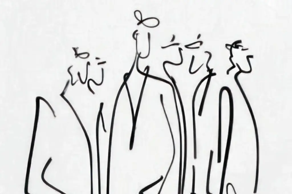 minimalist abstract line art of four standing figures--conference panels