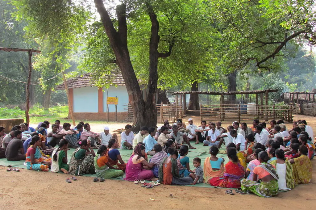 Village assembly in Mendha(Lekha), Block Dhanora, Dist, Gadchiroli, Maharashtra, India--panchayati raj system