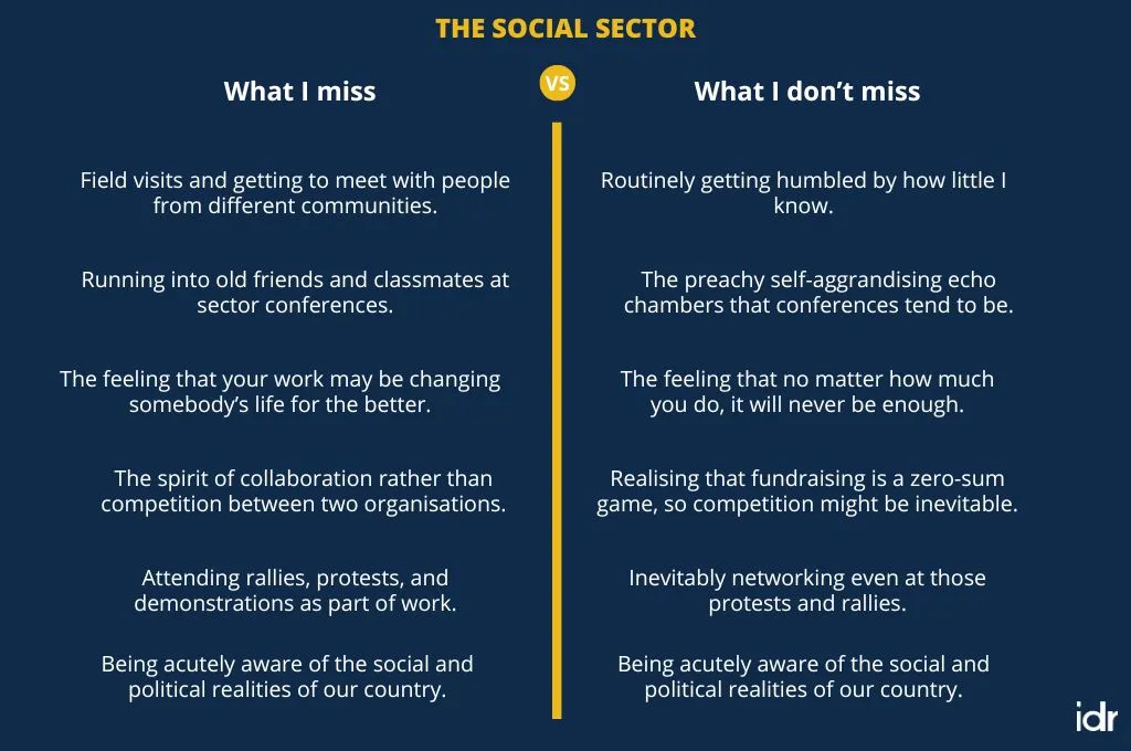 a two-column tale; the column on the left is what the author misses about the social sector and one on the right lists what they don't miss about the social sector--nonprofit humour