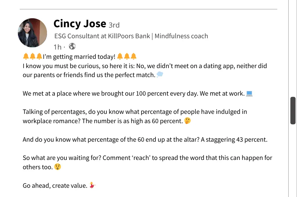 Fake LinkedIn post by Cincy Jose on getting married to a colleague--nonprofit humour