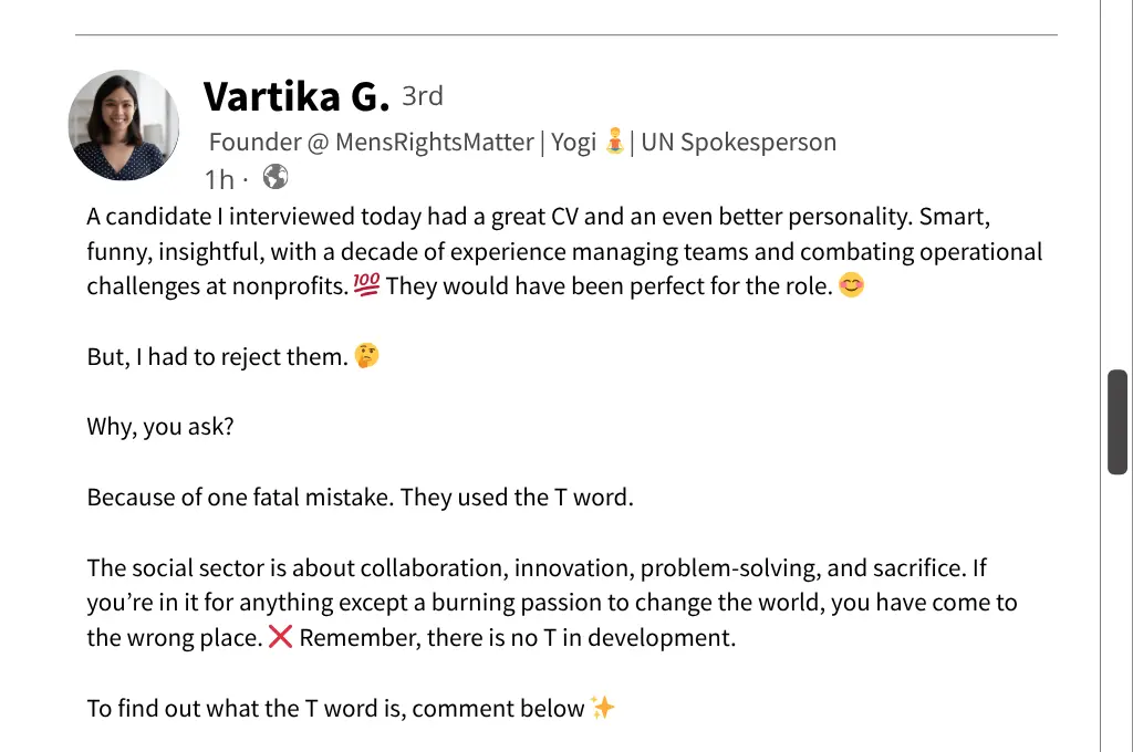 fake LinkedIn post about a recruiter rejecting a candidate--nonprofit humour