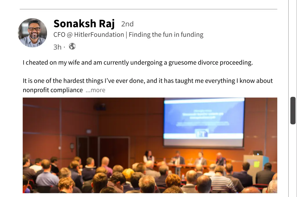 Fake LinkedIn post about what cheating on their wife told the poster about nonprofit compliance--nonprofit humour