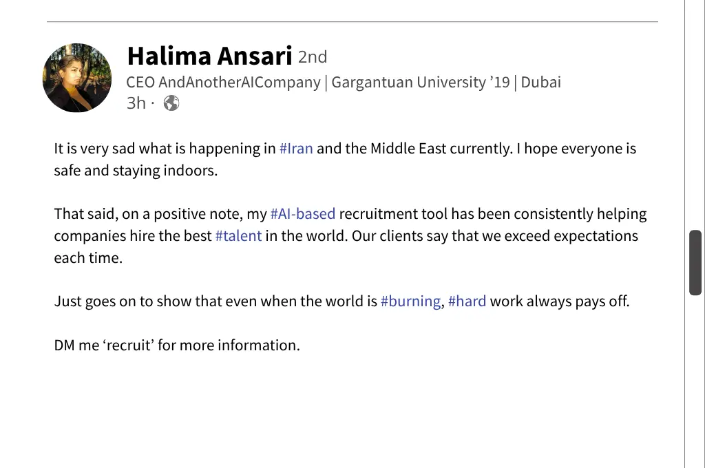 Fake LinkedIn post by Halima Ansari briefly mentioning the March 2026 West Asian crisis before promoting an AI recruitment tool--nonprofit humour