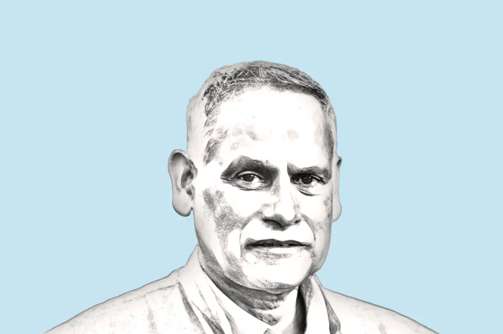 a digital sketch of Dr Carmo Noronha against a pale blue background--